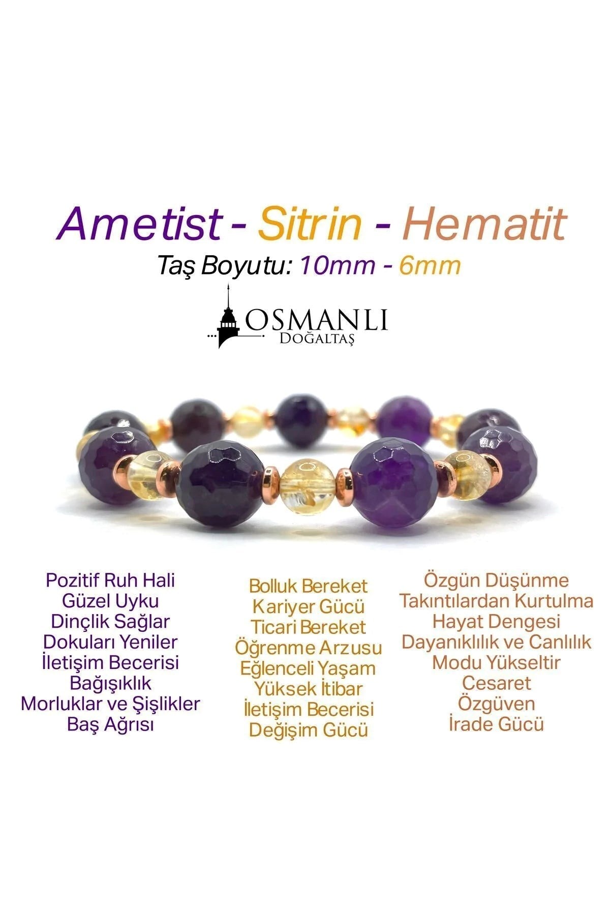 Orijinal Hakiki 10mm Fasetli Ametist - 6 mm Sitrin - Hematit Misinalı Bileklik