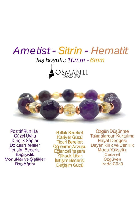 Orijinal Hakiki 10mm Fasetli Ametist - 6 mm Sitrin - Hematit Misinalı Bileklik