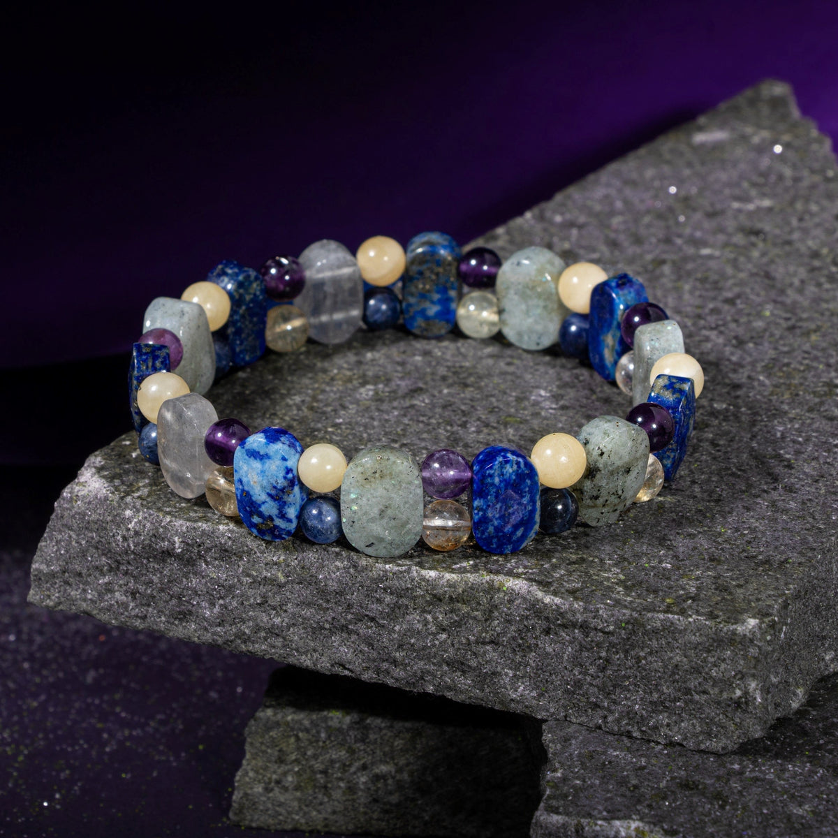 Yay Burcu Doğal Taş Bileklik – Ametist, Kalsit, Labradorit, Lapis Lazuli, Mavi Akik & Sedef