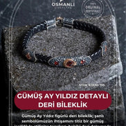 Gümüş Ay Yıldız Detaylı Deri Bileklik (SK:195)