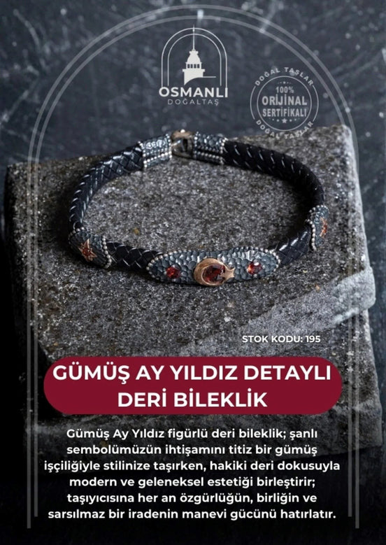 Gümüş Ay Yıldız Detaylı Deri Bileklik (SK:195)