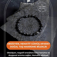 Obsidyen, Hematit Gümüş Aparat  Doğal Taş Makrome Bileklik