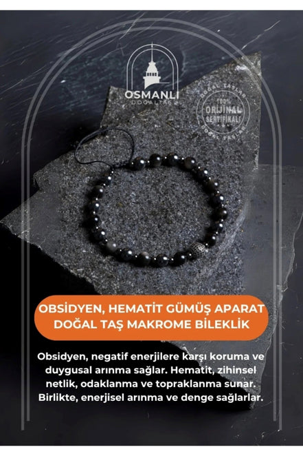 Obsidyen, Hematit Gümüş Aparat  Doğal Taş Makrome Bileklik