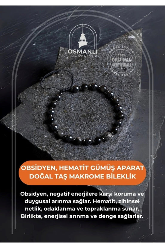 Obsidyen, Hematit Gümüş Aparat  Doğal Taş Makrome Bileklik