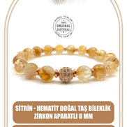 Hakiki Orijinal Sitrin - Hematit Doğal Taş Bileklik Zirkon Aparatlı 8 mm