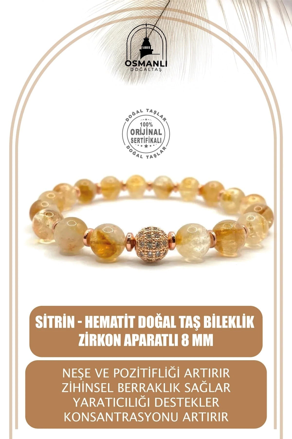 Hakiki Orijinal Sitrin - Hematit Doğal Taş Bileklik Zirkon Aparatlı 8 mm