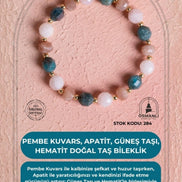 Sertifikalı Pembe Kuvars, Apatit, Güneş Taşı, Hematit Doğal Taş Bileklik (SK:284)