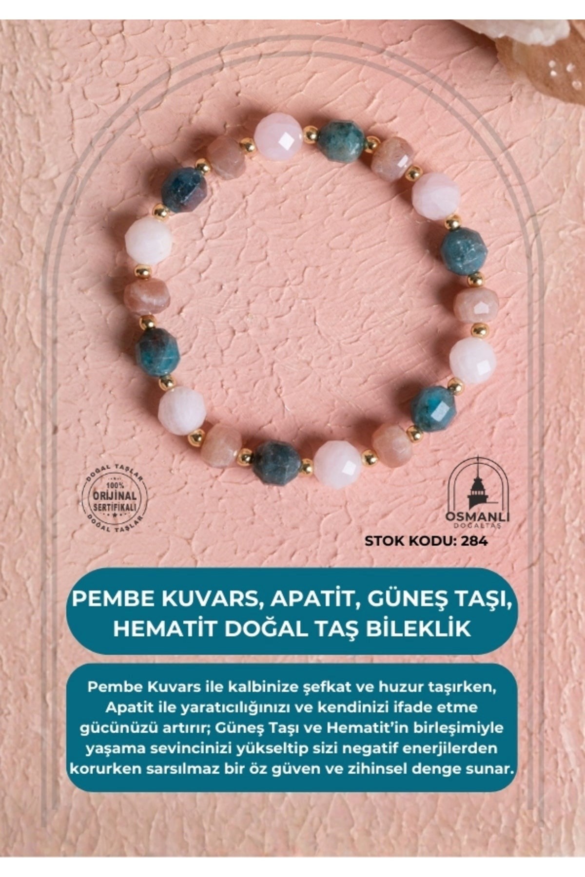 Sertifikalı Pembe Kuvars, Apatit, Güneş Taşı, Hematit Doğal Taş Bileklik (SK:284)