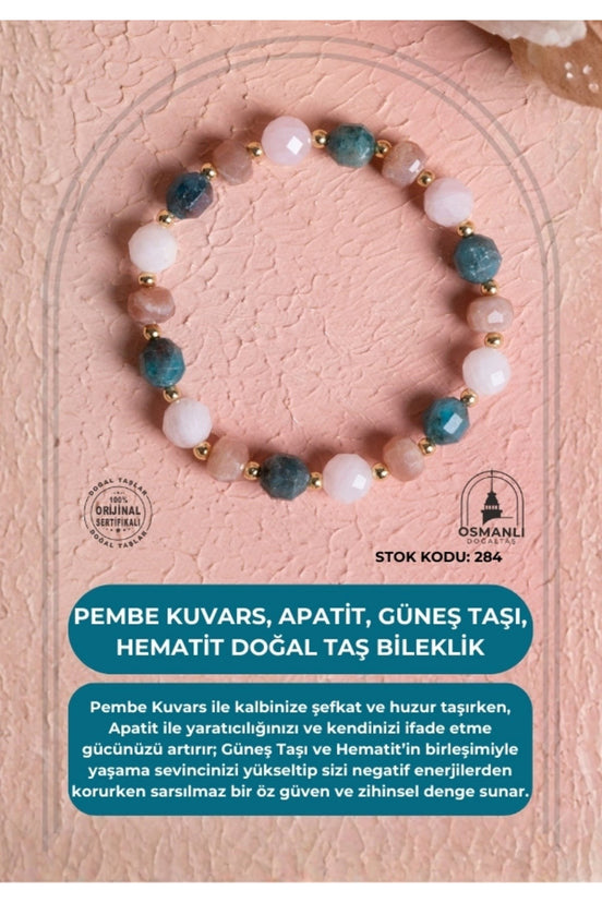 Sertifikalı Pembe Kuvars, Apatit, Güneş Taşı, Hematit Doğal Taş Bileklik (SK:284)