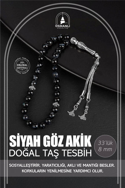 Siyah Göz Akik Doğal Taş Tesbih 33lük - 8mm