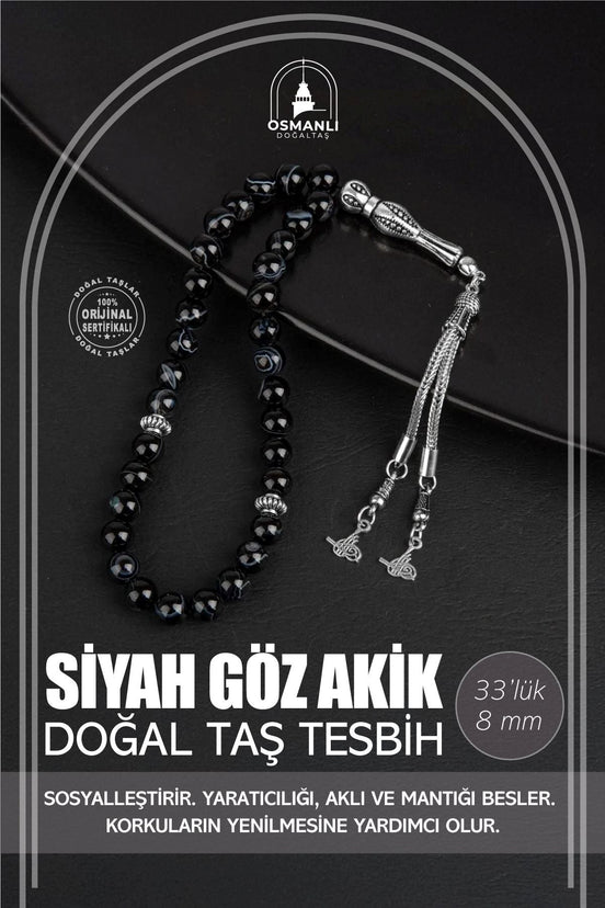 Siyah Göz Akik Doğal Taş Tesbih 33lük - 8mm