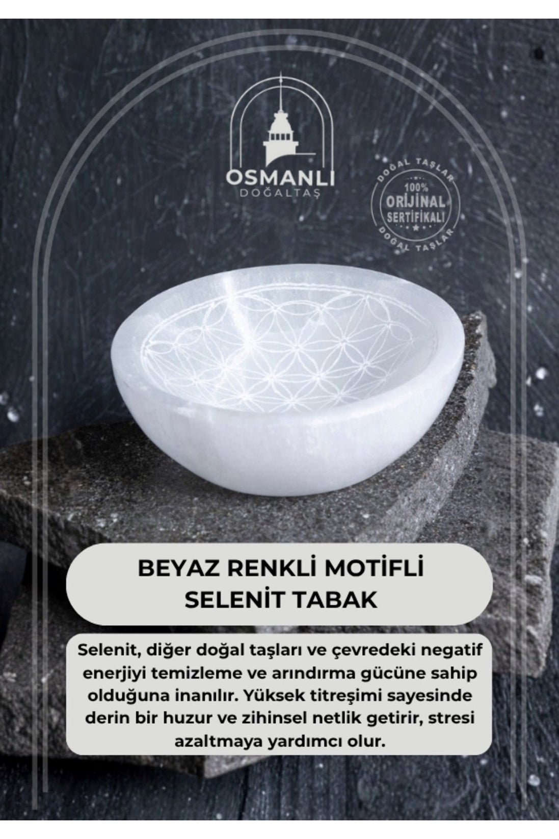 Sertifikalı Beyaz Motifli Selenit Tabak