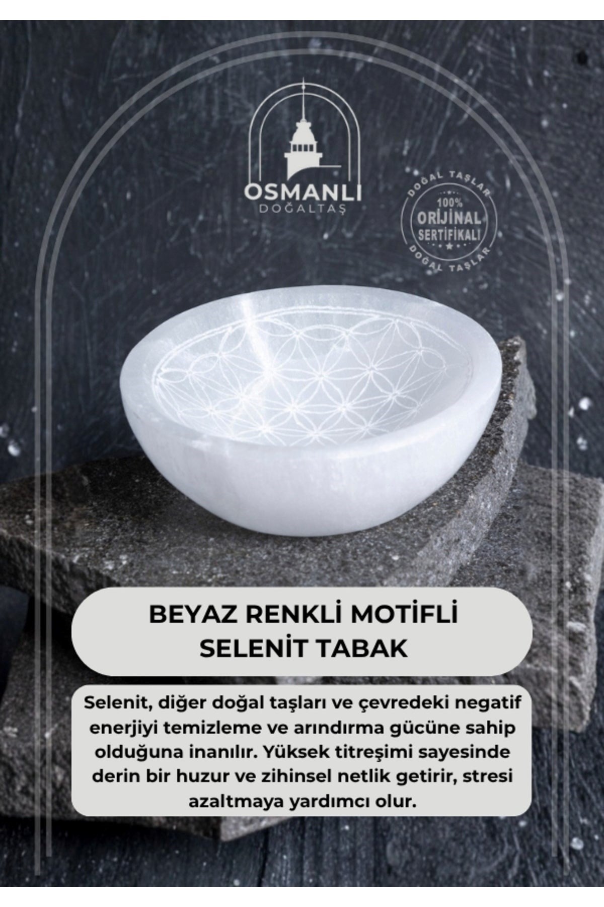 Sertifikalı Beyaz Motifli Selenit Tabak
