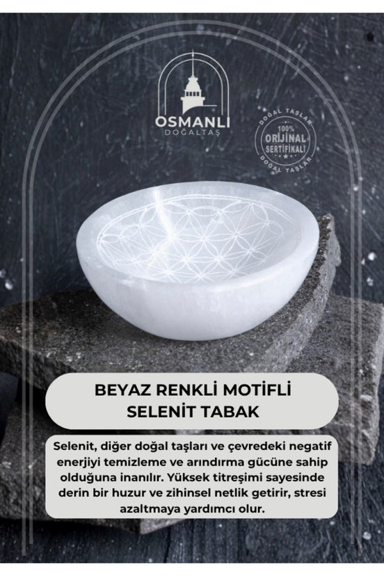 Sertifikalı Beyaz Motifli Selenit Tabak