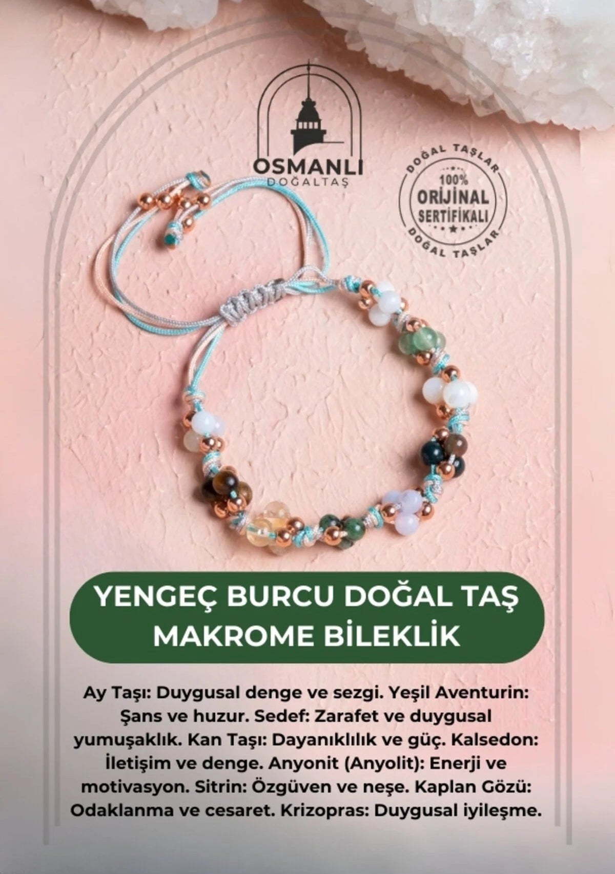 Doğal Taş Makrome Bileklik-Yengeç Burcu