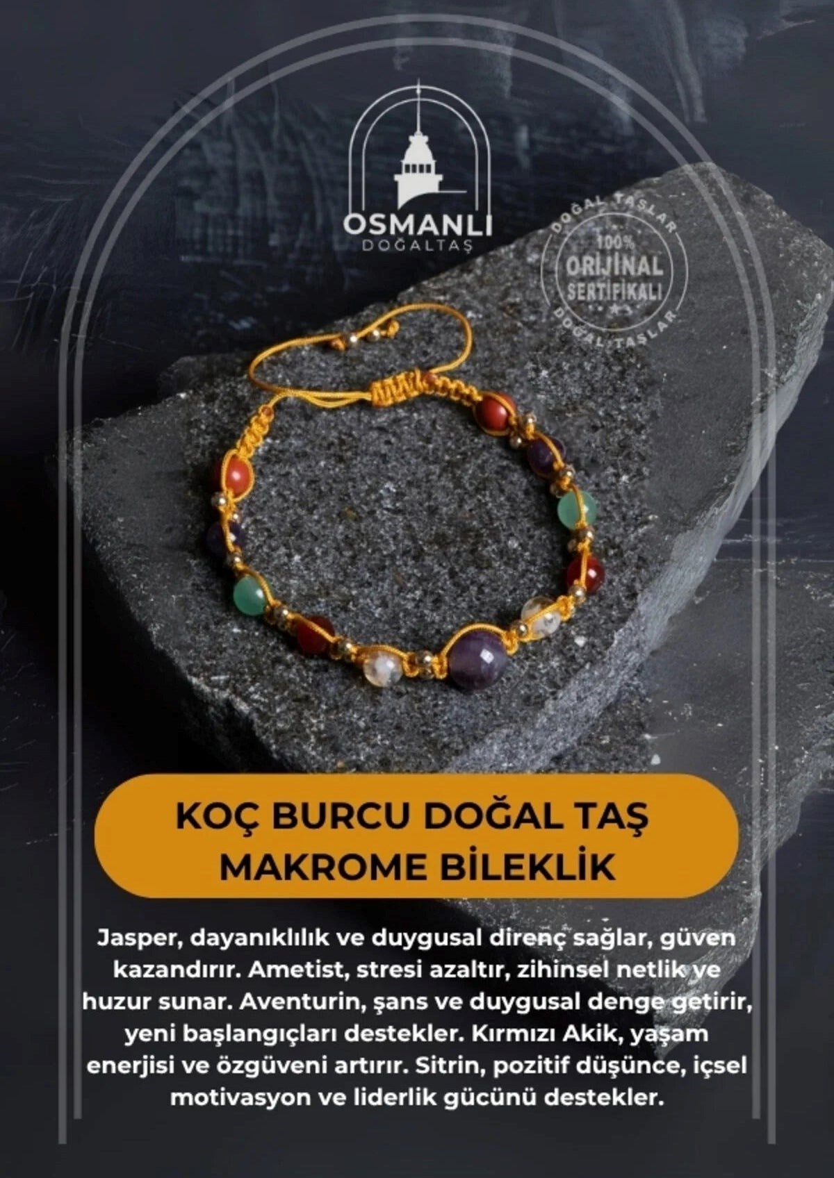 Doğal Taş Makrome Bileklik-Koç Burcu