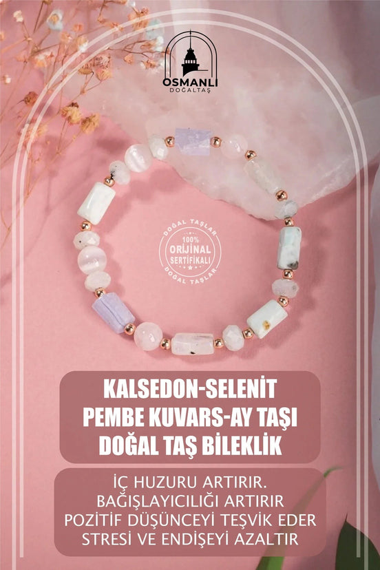 Kalsedon-Selenit-Pembe Kuvars-Ay Taşı Doğal Taş Bileklik