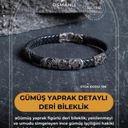 Gümüş Yaprak Detaylı Deri Bileklik (SK:196)