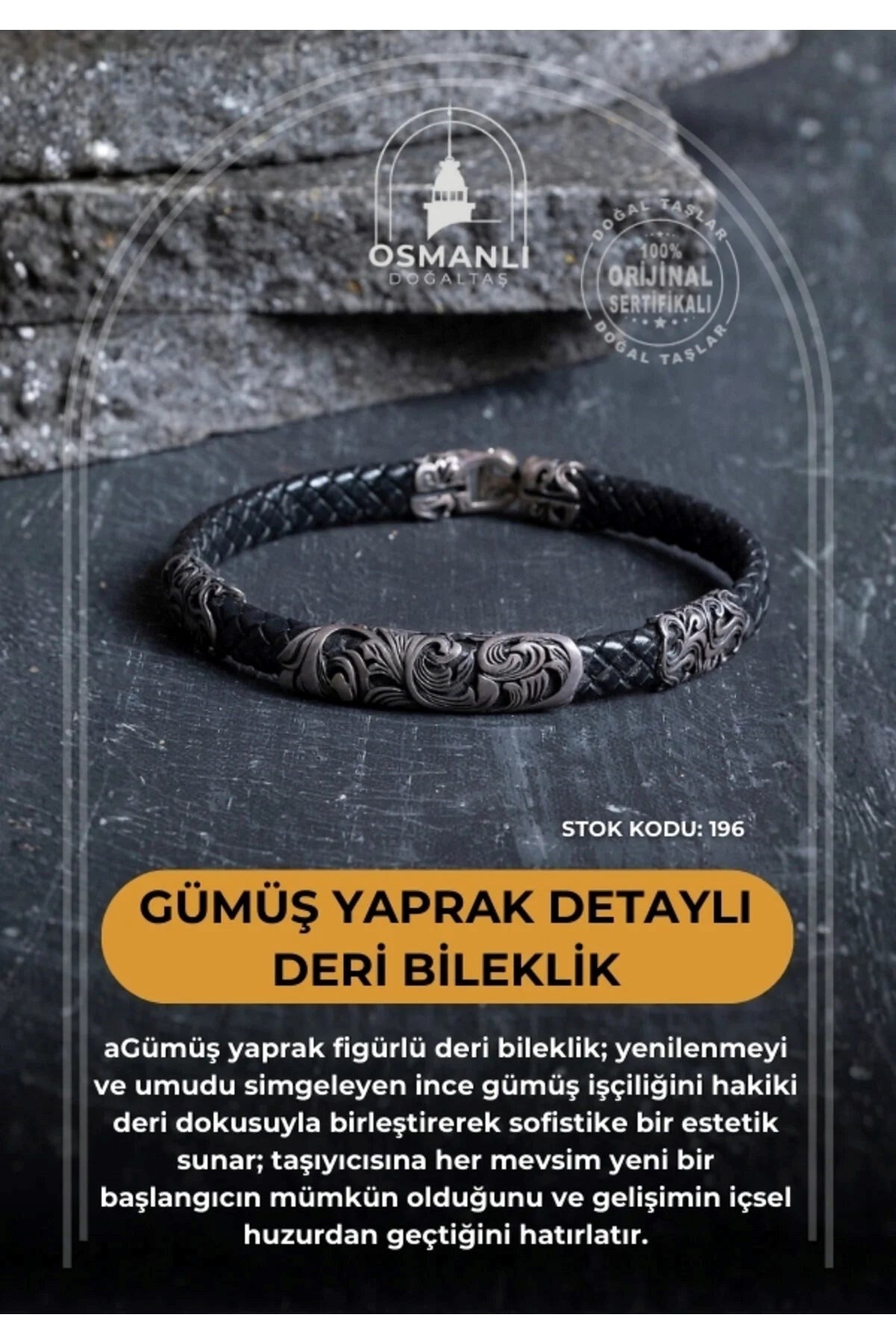 Gümüş Yaprak Detaylı Deri Bileklik (SK:196)