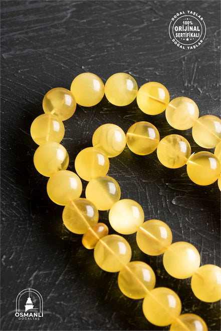 Lale Motifli 12,5 mm Küre Kesim Gold Kaplama Gümüş Kehribar Tesbih - 43,50 gr