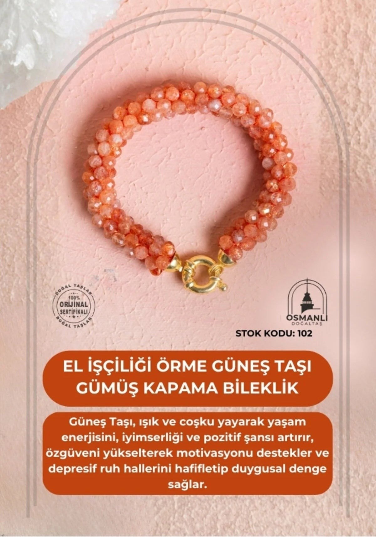 El İşçiliği Örme Güneş Taşı Gümüş Kapama Bileklik (SK:102)
