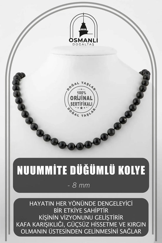 Nuummite 8 mm Düğümlü Doğal Taş Kolye