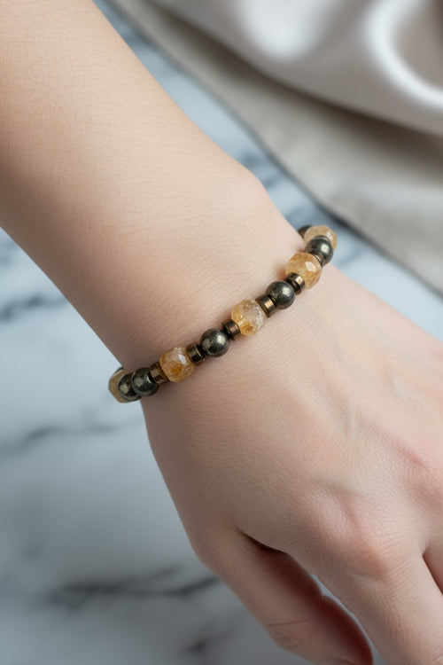 Pirit, Sitrin ve Hematit Doğal Taş Bileklik – 8 mm Misinalı, Unisex Tasarım