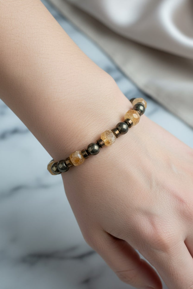 Pirit, Sitrin ve Hematit Doğal Taş Bileklik – 8 mm Misinalı, Unisex Tasarım