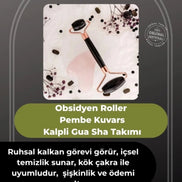 Obsidyen Roller ve Pembe Kuvars Kalpli Gua Sha Takımı