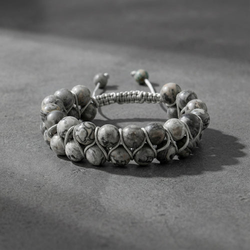 Gri Jasper 8mm Çift Sıra Makrome Doğal Taş Bileklik