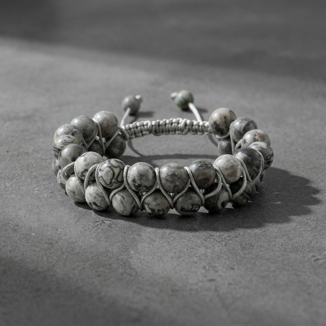Gri Jasper 8mm Çift Sıra Makrome Doğal Taş Bileklik
