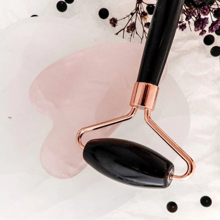 Obsidyen Roller ve Pembe Kuvars Kalpli Gua Sha Takımı