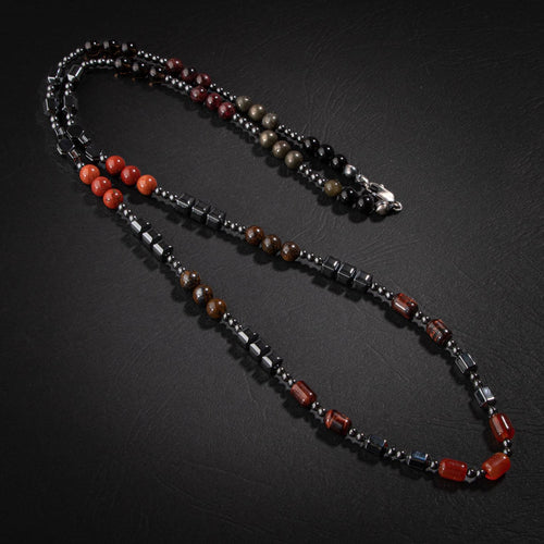 Obsidyen, Pirit, Dumanlı Kuvars, Jasper, Bronzit, Kaplan Gözü, Kırmızı Akik, Lal Taşı & Hematit Doğal Taş Erkek Tasarım Kolye – Özel Tasarım (70 cm)