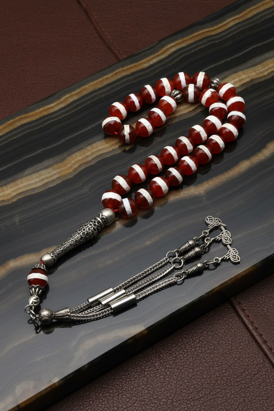 Beyaz Çizgili Akik Doğal Taş Tesbih – 8 mm Fasetli Küre Kesim