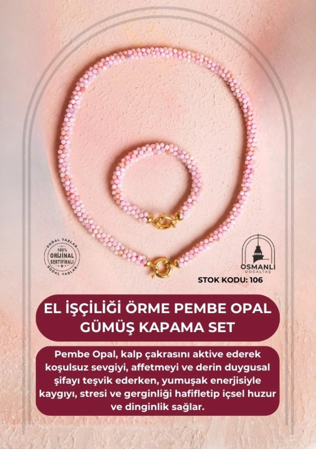El İşçiliği Örme Pembe Opal Gümüş Kapama Set (SK:106)