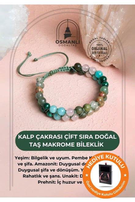 Sertifikalı Kalp Çakrası Çift Sıra Doğal Taş Makrome Bileklik