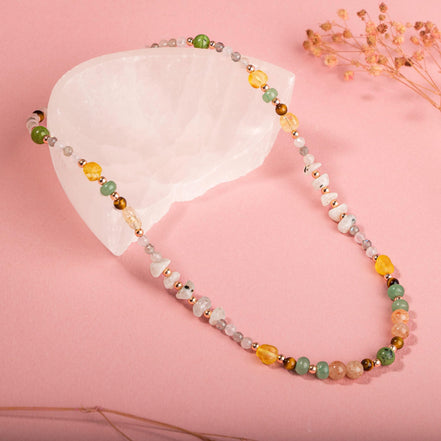 Yeşim, Kaplan Gözü, Hematit, Güneş Taşı, Aventurin, Sitrin, Kehribar, Labradorit, Ay Taşı & Pembe Kuvars Doğal Taş Kolye – Özel Tasarım (50 cm)