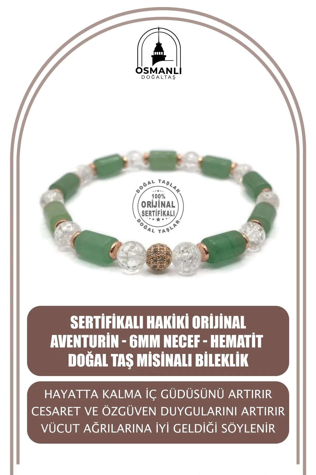 Sertifikalı Hakiki Orijinal Aventurin - 6mm Necef - Hematit Doğal Taş Misinalı Bileklik