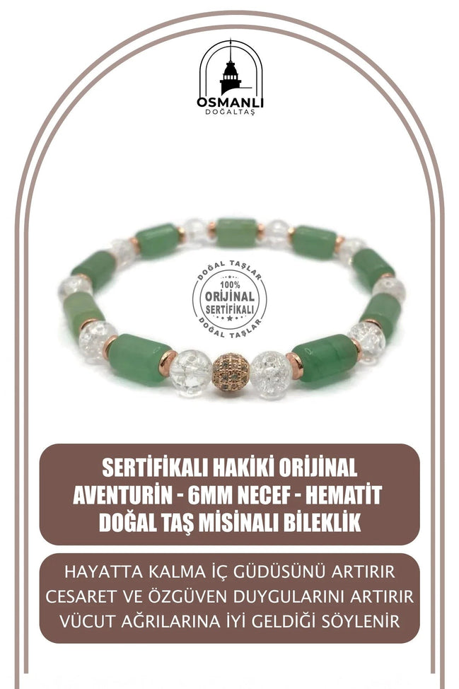 Sertifikalı Hakiki Orijinal Aventurin - 6mm Necef - Hematit Doğal Taş Misinalı Bileklik