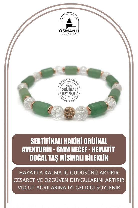 Sertifikalı Hakiki Orijinal Aventurin - 6mm Necef - Hematit Doğal Taş Misinalı Bileklik