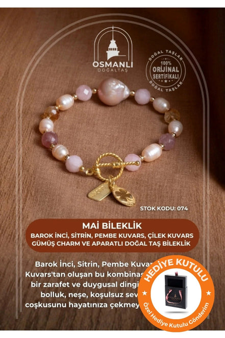 Mai Bileklik-Barok İnci, Sitrin, Pembe Kuvars, Çilek Kuvars Gümüş Charm ve Aparatlı Doğal Taş Bileklik (SK:074)
