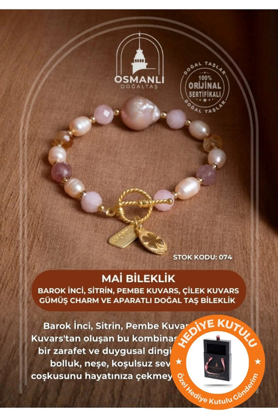 Mai Bileklik-Barok İnci, Sitrin, Pembe Kuvars, Çilek Kuvars Gümüş Charm ve Aparatlı Doğal Taş Bileklik (SK:074)