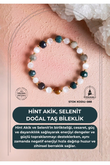 Sertifikalı Hint Akik, Selenit Doğal Taş Bileklik (SK:088)