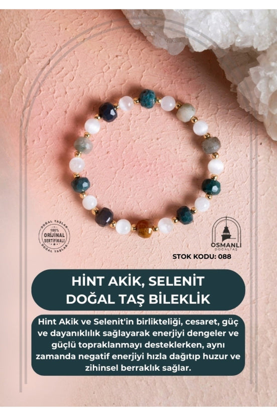 Sertifikalı Hint Akik, Selenit Doğal Taş Bileklik (SK:088)