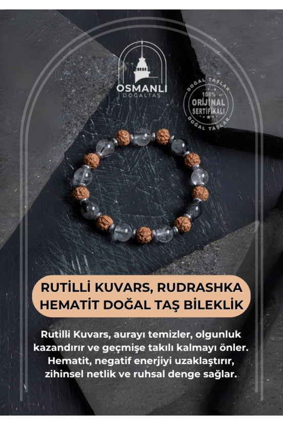 Sertifikalı Rutilli Kuvars, Rudrashka Hematit Doğal Taş Bileklik
