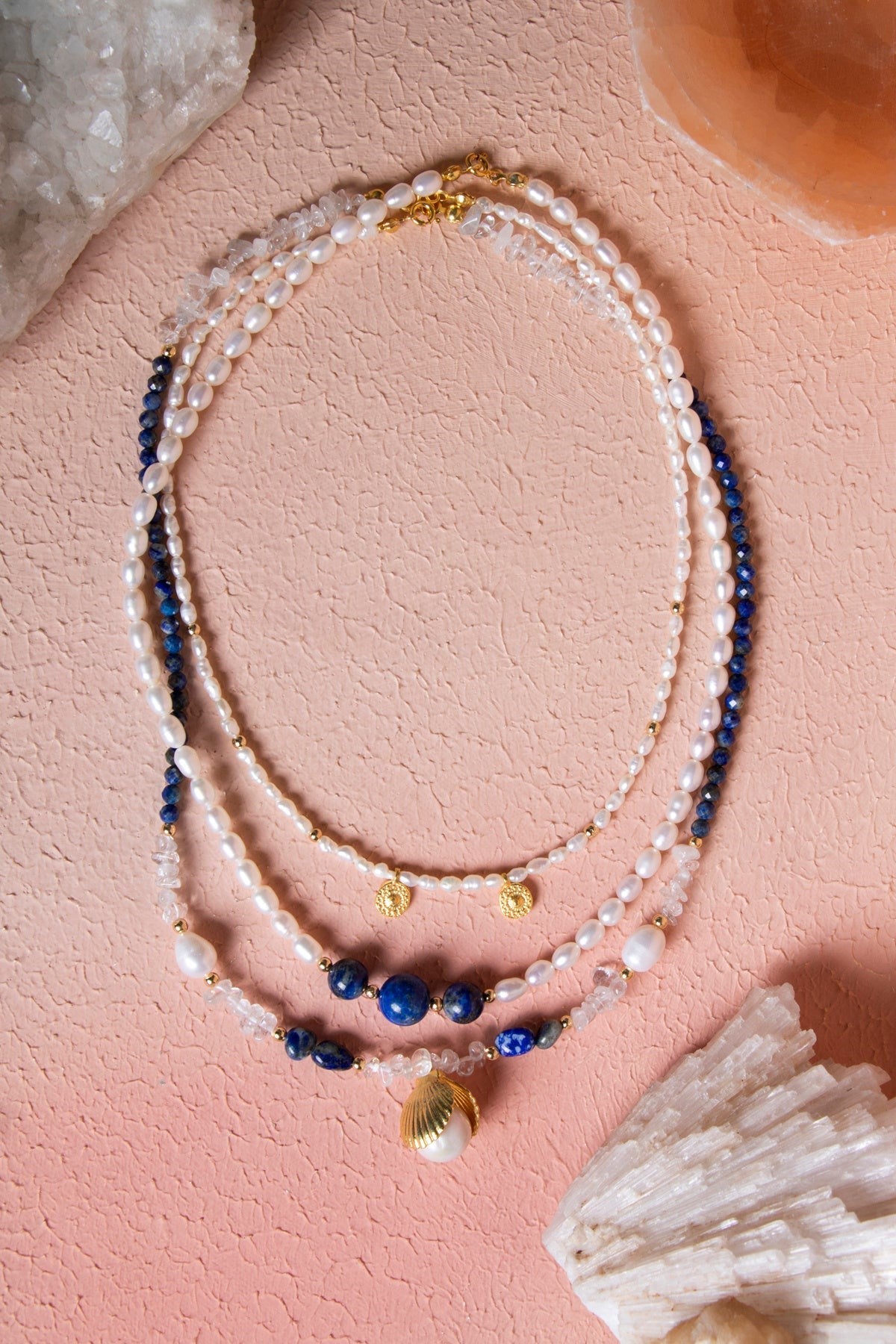 İnci, Lapis Lazuli, Hematit Gümüş Aparatlı Doğal Taş Kolye (SK:018)