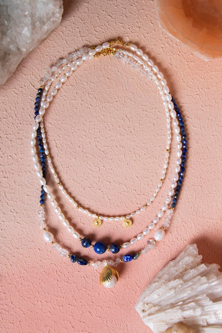 İnci, Lapis Lazuli, Hematit Gümüş Aparatlı Doğal Taş Kolye (SK:018)