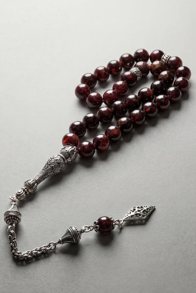 Garnet (Lal) Doğal Taş Tesbih – 925 Ayar Gümüş – 8 mm Küre Kesim