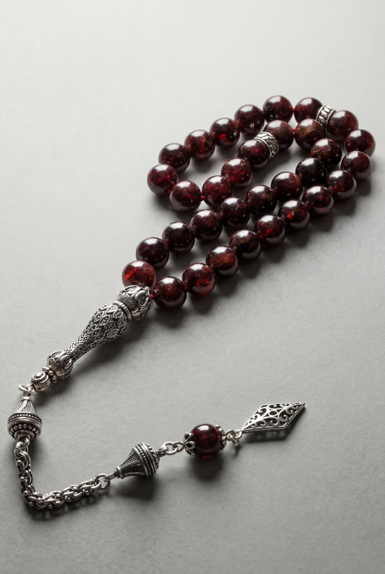 Garnet (Lal) Doğal Taş Tesbih – 925 Ayar Gümüş – 8 mm Küre Kesim
