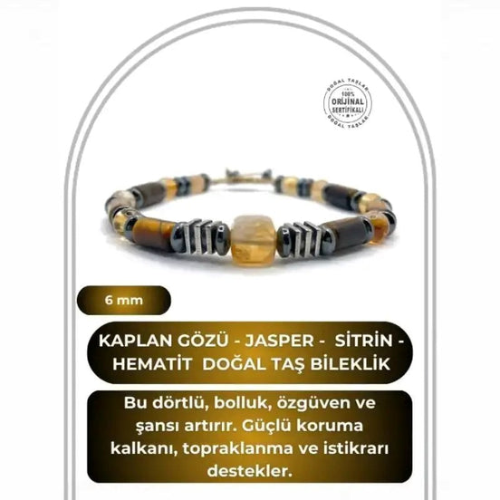 Hakiki Orijinal Kaplan Gözü - Jasper - 6mm Sitrin - Hematit İpli Ayarlanabilir Doğal Taş Bileklik
